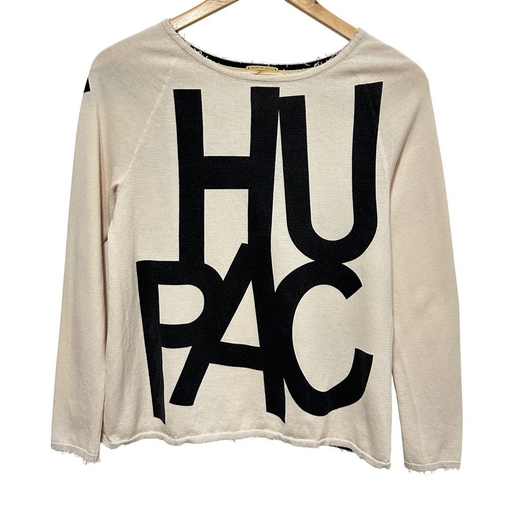 Annette Gortz Graphic Sweater Womens XS Cream Black Raw Hem Cotton Terry Modern